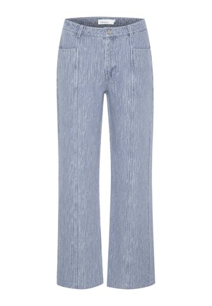 Pantaloni a gamba larga realizzati in tessuto leggero con un motivo a righe blu. Presentano due tasche frontali e una chiusura a bottone in vita.