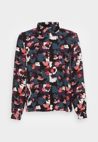 Chemise à manches longues, à boutons, avec un motif floral en rose, rouge, blanc et teal sur un fond noir. Design de col classique.