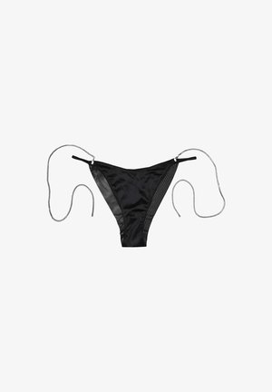 Black bikini bottom made of smooth material, featuring side ties and a semi-transparent mesh panel, designed with a minimalistic cut.