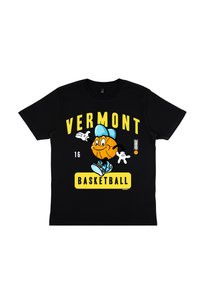 Černé tričko s krátkým rukávem se barevnou grafikou kreslené postavičky basketbalisty, s textem "VERMONT" a "BASETBAL" v žluté barvě.