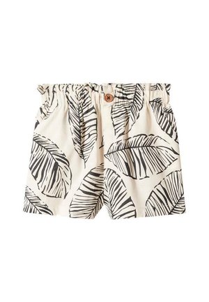 Shorts de couleur crème avec imprimé de feuilles tropicales noires, taille élastique froncée, bouton à l'avant et poches latérales.