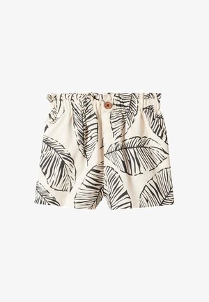 Shorts color crema con stampa di foglie tropicali nere, vita elasticizzata arricciata, bottoni frontali e tasche laterali.