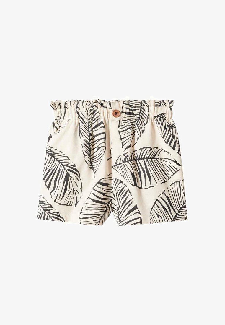 Shorts de couleur crème avec imprimé de feuilles tropicales noires, taille élastique froncée, bouton à l'avant et poches latérales.