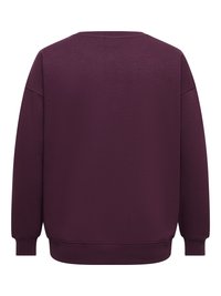 Vienkārša tumši violeta garroku sporta krekla džemperis ar ribotu aproču, apakšmalas un apaļu kakla izgriezumu, redzams no aizmugures uz balta fona.