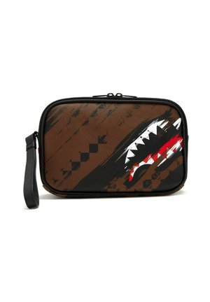 Portamonete rettangolare marrone e nero con cerniera, caratterizzato da un motivo di denti di squalo bianchi e rossi dentellati sulla parte frontale.