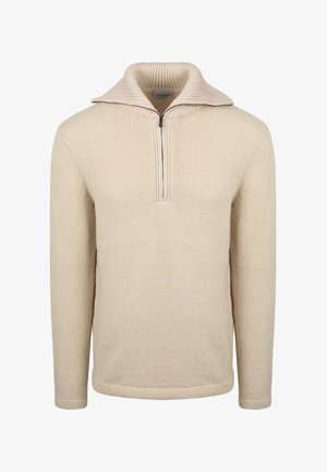 Beiger Strickpullover mit langen Ärmeln und einem halblangen Reißverschluss am Kragen, mit einer gerippten Struktur am Kragen und einem glatten Strickkörper.