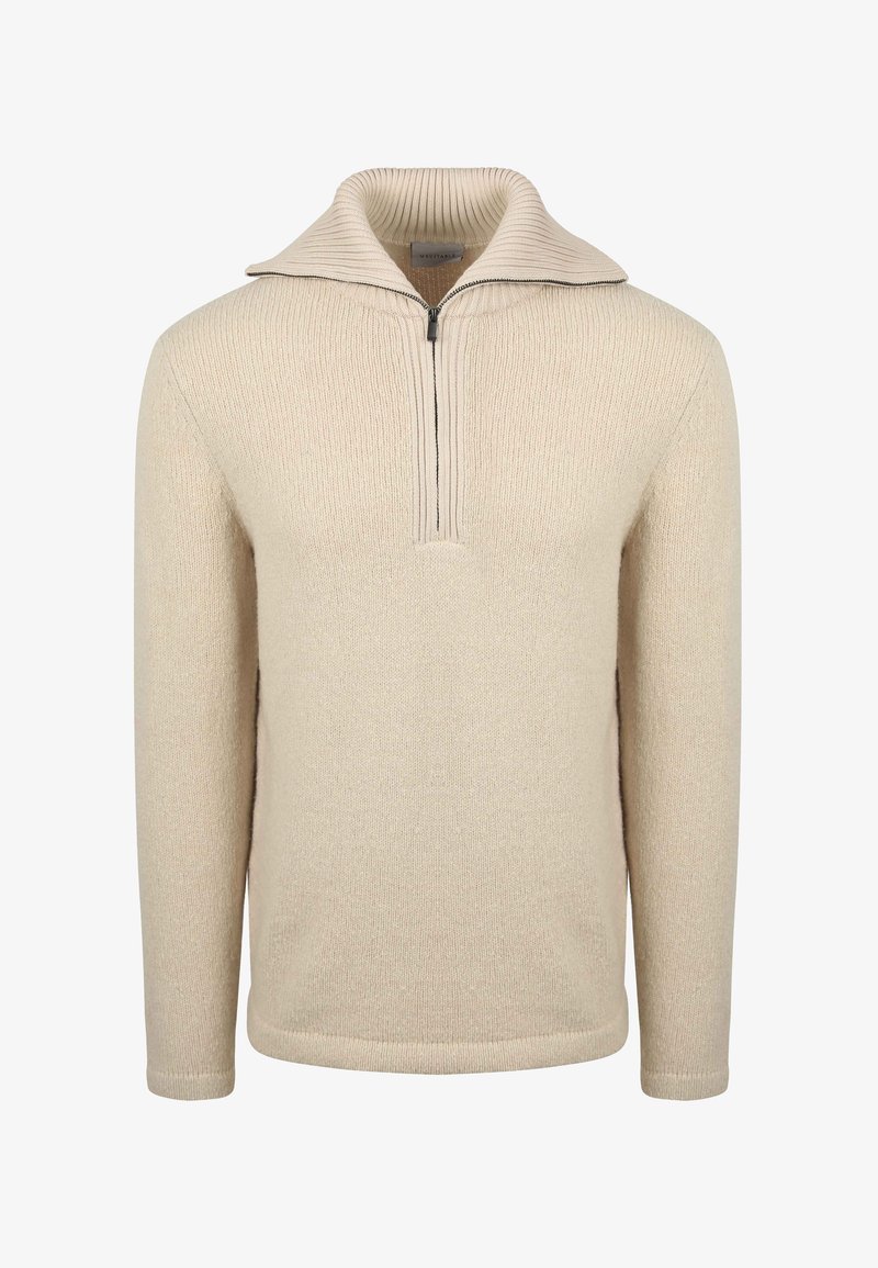 Beige gebreide trui met lange mouwen en een kraag met halfrits, met een geribbelde textuur op de kraag en een gladde gebreide body.