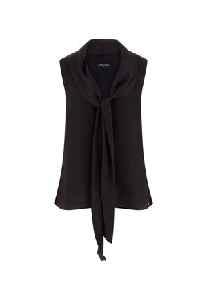 Blouse noire sans manches avec un détail de col noué drapé, en tissu lisse, avec un petit logo près de l'ourlet.