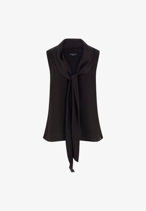 Blouse noire sans manches avec un détail de col noué drapé, en tissu lisse, avec un petit logo près de l'ourlet.