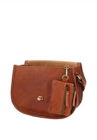 Brun læder crossbody taske med en lille vedhæftet lynlåslomme og en gylden lukning foran.