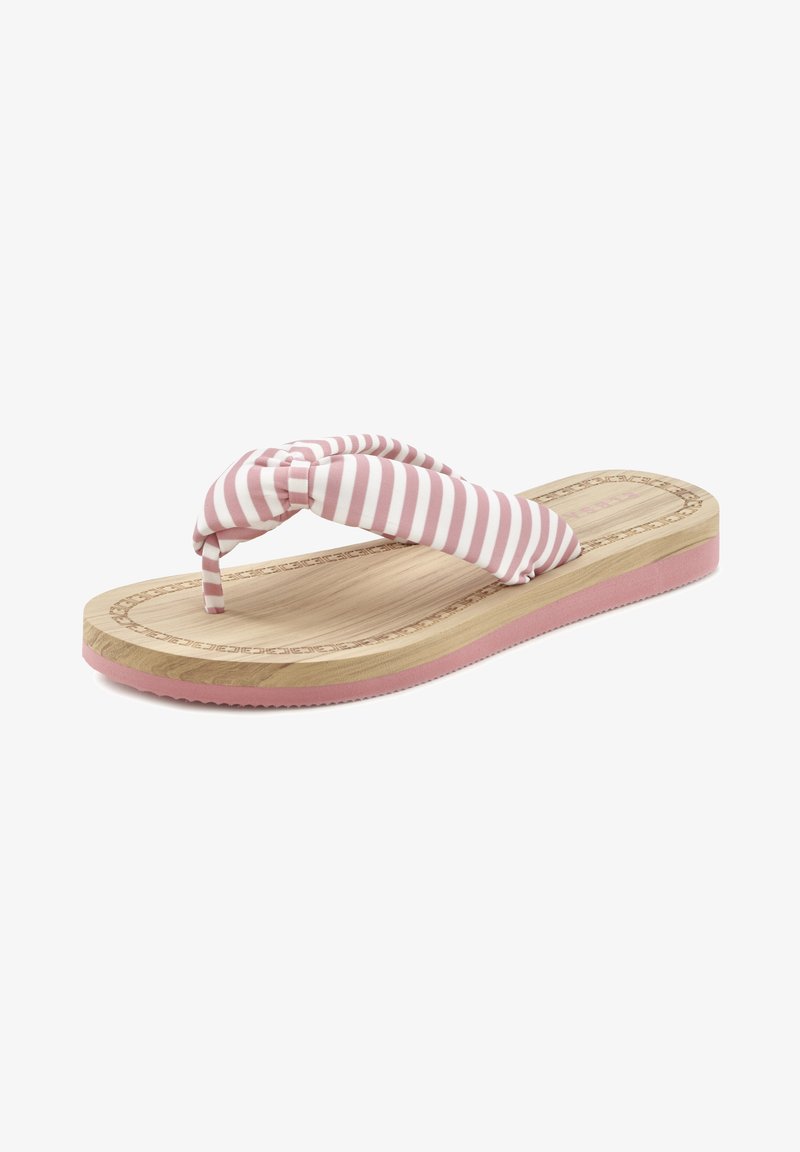Röstripeeritud roosa kangast flip-flop sandaal puidulaadse tallaga ja roosa kummist alusega, millel on tekstureeritud rihm ja dekoratiivne äärise detail.