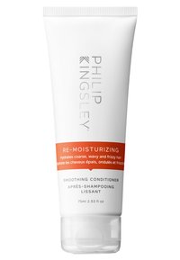 Weißes Rohr mit orangefarbener Etikettierung, die in fetter Schrift verfasst ist. Enthält 75 ml nachfeuchtigkeitsspendenden, glättenden Conditioner für grobes, welliges und frizzendes Haar.