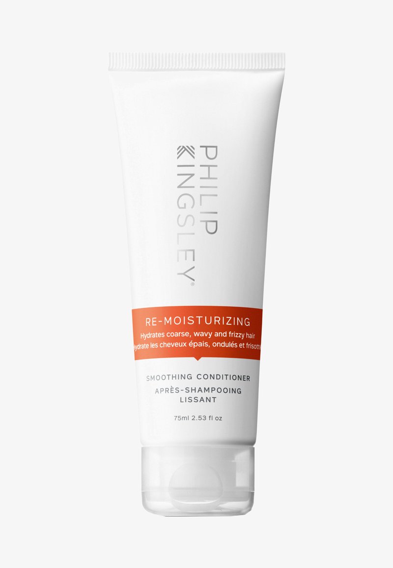White tube with orange label, featuring bold text. Contains 75ml re-moisturizing smoothing conditioner for coarse, wavy, and frizzy hair.
