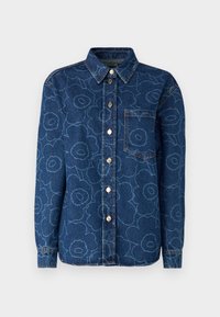 Granatowa koszula dżinsowa w kwiatowy wzór, z guzikami z przodu i kieszenią na piersi. Długie rękawy z mankietami zapinanymi na guziki.