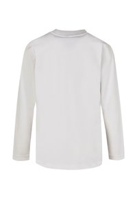 Cămașă cu mânecă lungă din bumbac alb, cu decolteu rotund, croială dreaptă și textură moale, cu un design simplu, fără detalii suplimentare.