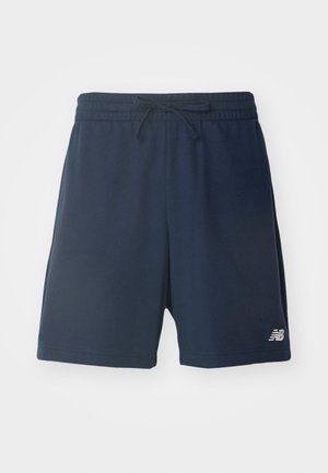 Navy blue athletic shorts made of soft fabric, featuring an elastic waistband with drawstring and a small white logo on the hem.