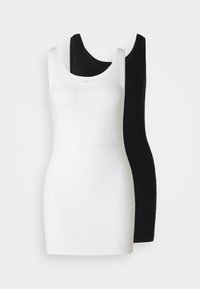 Two sleeveless tank tops: one white and one black, made from soft, stretchy fabric with a scoop neckline and fitted design.