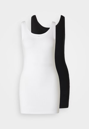 Two sleeveless tank tops: one white and one black, made from soft, stretchy fabric with a scoop neckline and fitted design.