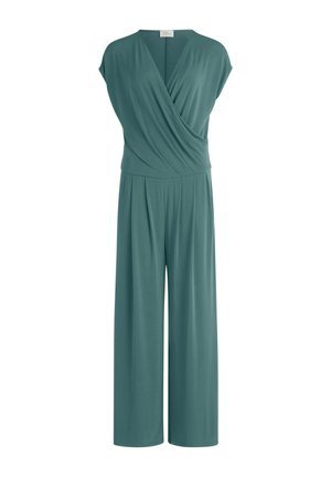 Ärmelloser türkisfarbener Jumpsuit mit V-Ausschnitt und Wickeloberteil sowie weitem Bein, aus weichem, fließendem Stoff.