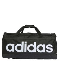 Borsa a tracolla nera con superficie in tessuto liscio e un logo "adidas" bianco in evidenza. Presenta doppie maniglie per il trasporto.