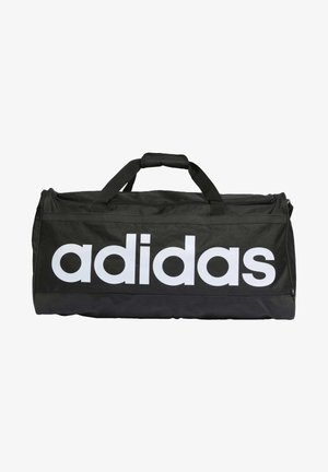Borsa a tracolla nera con superficie in tessuto liscio e un logo "adidas" bianco in evidenza. Presenta doppie maniglie per il trasporto.