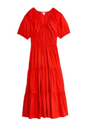Abito in cotone rosso con scollatura a V profonda, maniche a sbuffo corte e vita elasticizzata. Presenta un design a gonna a strati con una consistenza liscia.