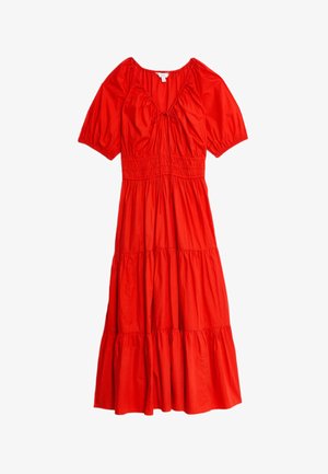 Vestido de algodón rojo con un escote en V pronunciado, mangas cortas abullonadas y una cintura elástica. Presenta un diseño de falda con volantes y una textura suave.