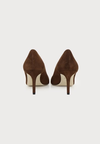 Paire d'escarpins en daim marron à bout pointu avec talons aiguilles fins, vus de dos sur un fond clair uni.