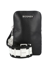 Borsa in pelle nera con superficie testurizzata, chiusura con zip e tracolla rimovibile con motivo grafico bianco e nero.
