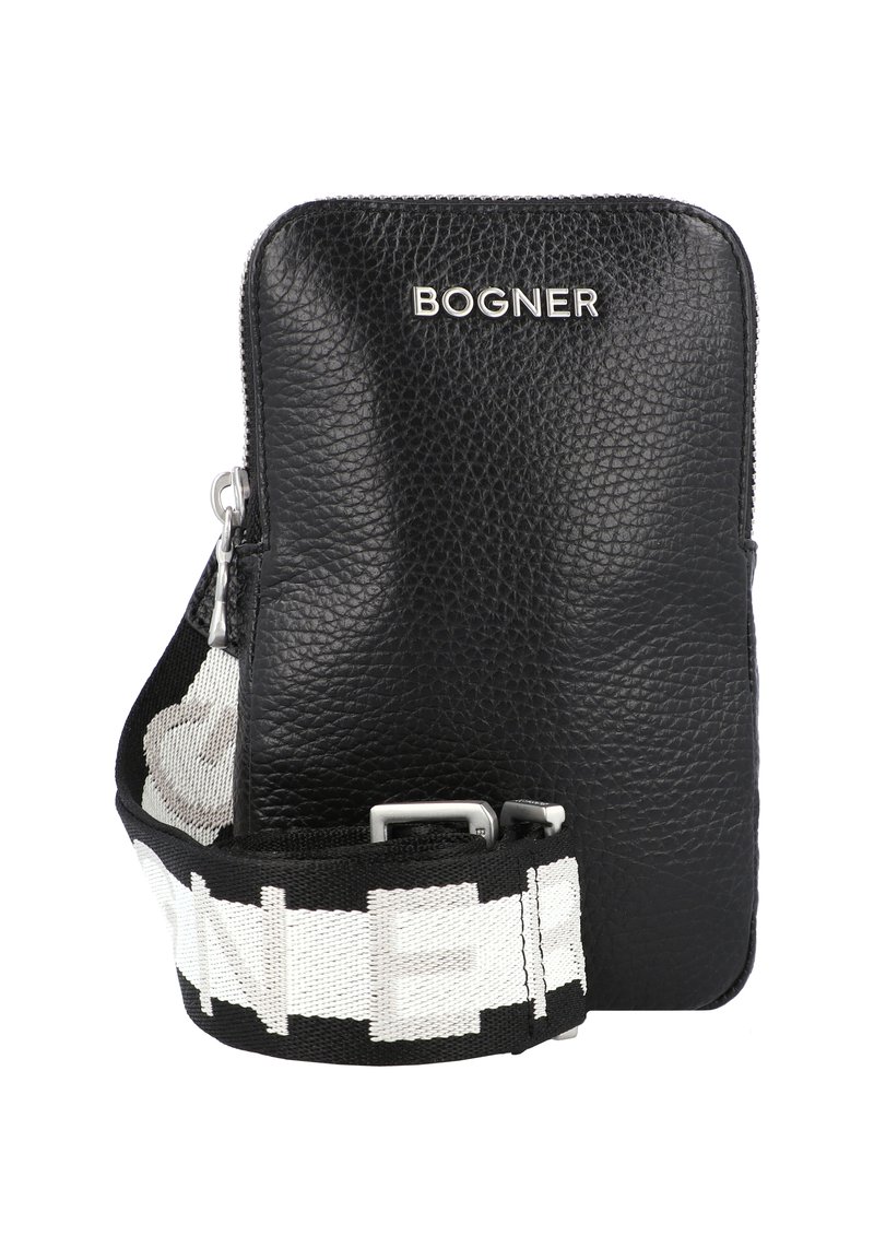 Borsa in pelle nera con superficie testurizzata, chiusura con zip e tracolla rimovibile con motivo grafico bianco e nero.