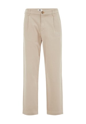 Pantalons en coton beige avec une coupe droite, présentant des plis avant, une fermeture à un bouton et des poches latérales.