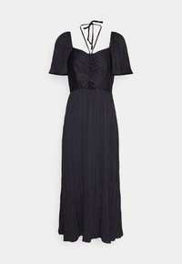 Vestido negro con mangas cortas abullonadas, un cuerpo ajustado y una falda fluida. Presenta una tela texturada y un detalle de escote con lazo en la parte trasera.