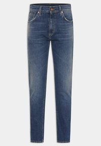 Jeans dżinsowe w średnim niebieskim kolorze, prosty krój nogawki, posiadają przednie kieszenie z detalami przeszycia, zapięcie na guzik oraz teksturowany materiał.