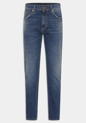 Jeans aus Baumwolle in mittlerem Blau, mit geradem Beinschnitt, verfügen über Fronttaschen mit Stitching-Details, einem Knopfverschluss und einem strukturierten Stoff.