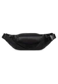 Schwarze Nylon-Taillentasche mit glatter Textur, mit Reißverschluss versehenem Hauptfach, verstellbarem Riemen und minimalistischen Design.