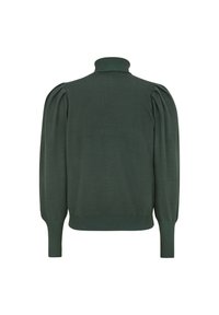 Dunkelgrüner Pullover mit hohem Kragen, Puffärmeln, gerippten Bündchen und Saum. Hergestellt aus strukturiertem Strickstoff mit glatter Oberfläche.