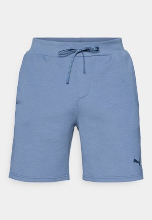 Light blue athletic shorts with an elastic waistband and adjustable drawstring. Features a small dark logo on the lower leg.