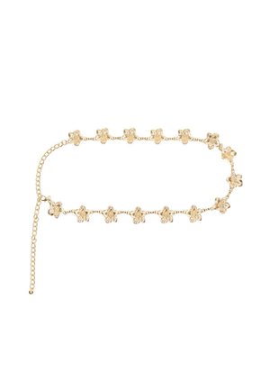 Guld kæde halskæde med små sammenkoblede blomstercharme jævnt fordelt langs længden, inklusive en justerbar lås med kædeforlænger.