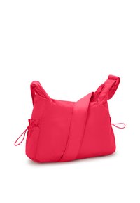 Rosa nylon skuldertaske med to lynlåsecompartments, justerbar rem og sidelommer. Blød tekstur med afrundede kanter og afslappet design.
