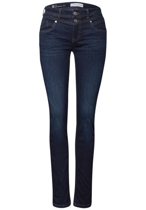 Donkerblauwe slim-fit denim jeans met knoop- en ritssluiting, voor- en achterzakken en contrasterende stiksels.