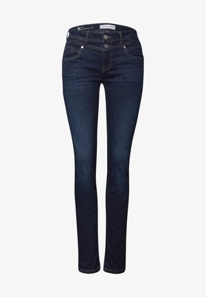 Dunkelblaue, schmal geschnittene Denim-Jeans mit Knopf- und Reißverschluss, Vorder- und Gesäßtaschen sowie Kontrastnähten.