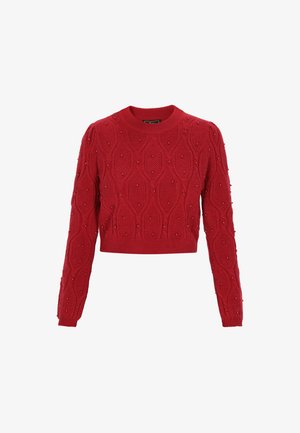 Red cable-knit sweater with a round neckline and long sleeves, featuring textured patterns and small embellishments on the fabric.