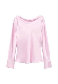 Top lungo a maniche lunghe di colore rosa chiaro con un ampio scollo e una texture liscia e leggermente lucida. Presenta maniche aderenti e una vestibilità comoda.
