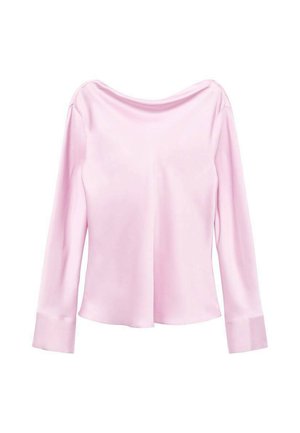 Top lungo a maniche lunghe di colore rosa chiaro con un ampio scollo e una texture liscia e leggermente lucida. Presenta maniche aderenti e una vestibilità comoda.