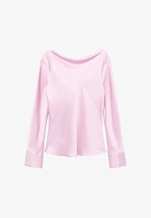 Helles rosa Langarmshirt mit weitem Halsausschnitt und einer glatten, leicht glänzenden Textur. Verfügt über schlichte, enganliegende Ärmel und einen lockeren Sitz.