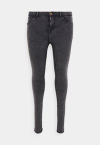 Vaqueros ajustados de mezclilla gris oscuro, con cierre de cremallera, botón, cinco bolsillos y una textura suave con mínimo desgastado.