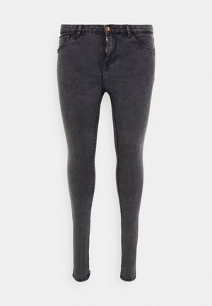 Kapeat farkut tummanharmaasta denimestä, joissa on vetoketjukiinnitys, nappisulku, viisi taskua ja sileä pinta, jossa on minimaalista haalistumista.