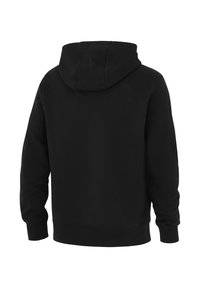 Schwarzer Kapuzenpullover aus strukturiertem Stoff, mit langen Ärmeln sowie gerippten Bündchen und Saum. Das Design ist einfach, ohne Logos oder Muster.