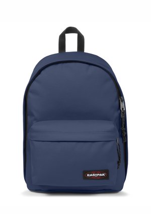 Navy blue backpack made of durable fabric, featuring a front zip pocket and a top carry handle with black accents and branding.