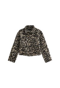 Chaqueta de piel sintética con estampado de leopardo, con cuello, dos bolsillos frontales y diseño corto. Los colores principales son beige, negro y marrón. Textura suave.